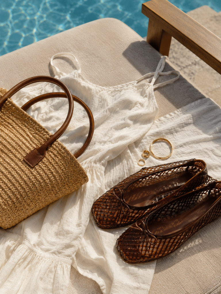 jelly mesh ballet flats resort vacation outfit idea