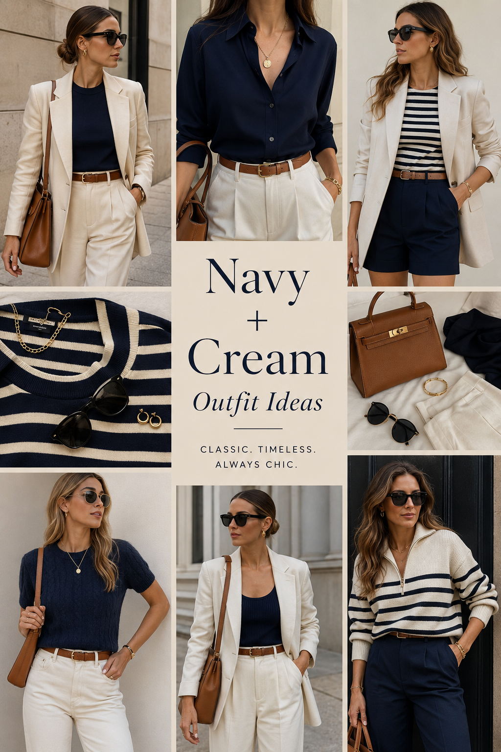 navy and cream outfit ideas with quiet luxury fashion style
