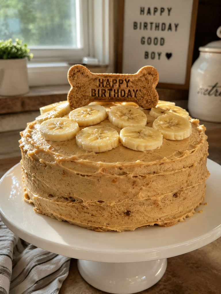Homemade peanut butter banana birthday cake for dogs decorated with banana slices and dog biscuit.