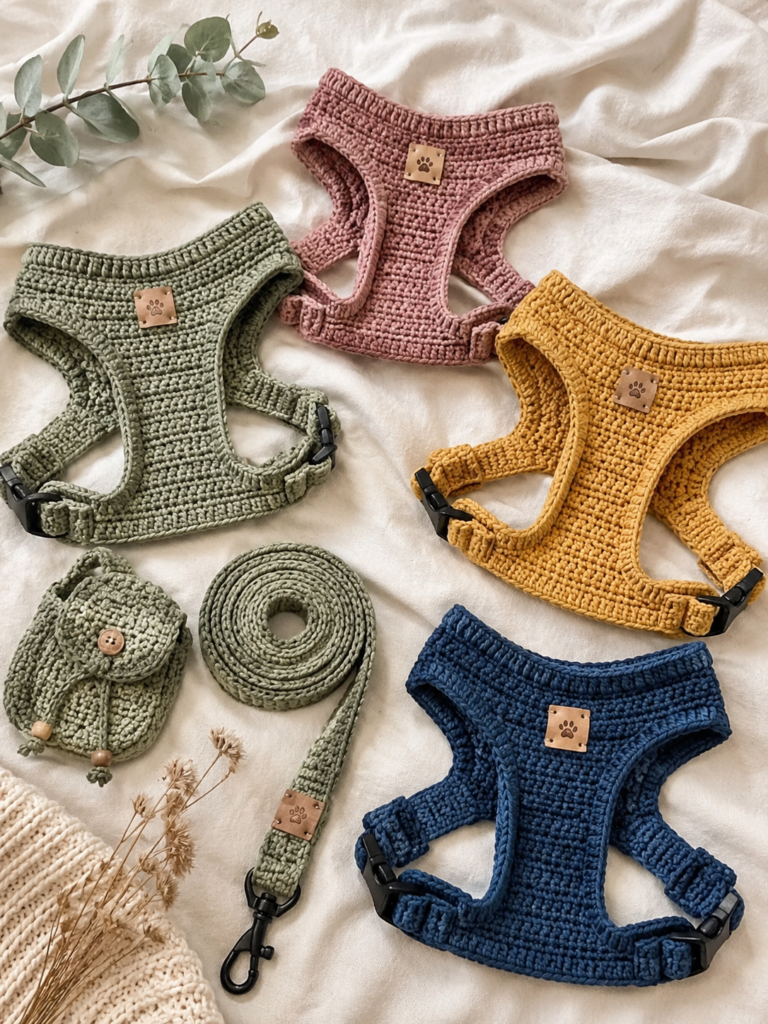 crochet dog harness flat lay with matching leash