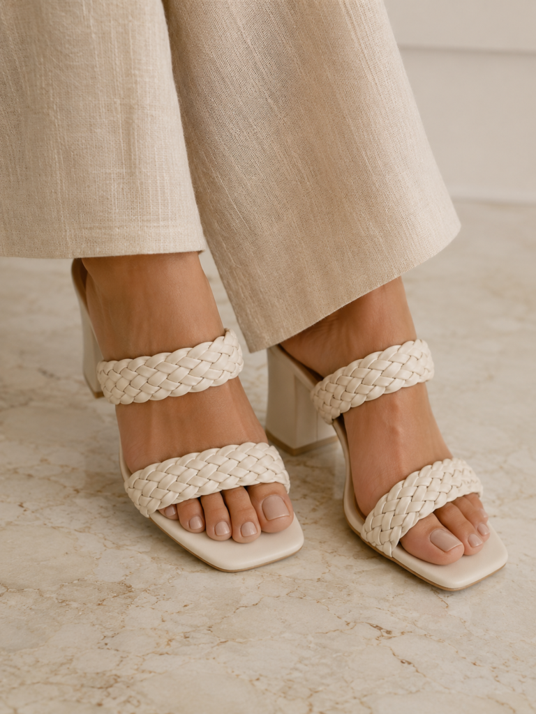 nude pedicure styled with neutral summer sandals