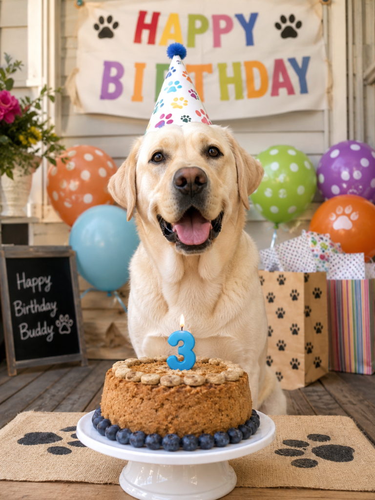 dog celebrating birthday with homemade cake