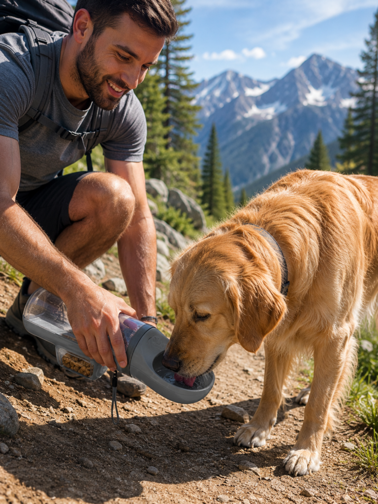 Golden Retriever drinking from Aurapaws portable dog water bottle while hiking