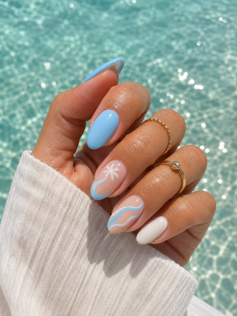 Glossy coastal almond nails with palm tree and ocean wave nail art.
