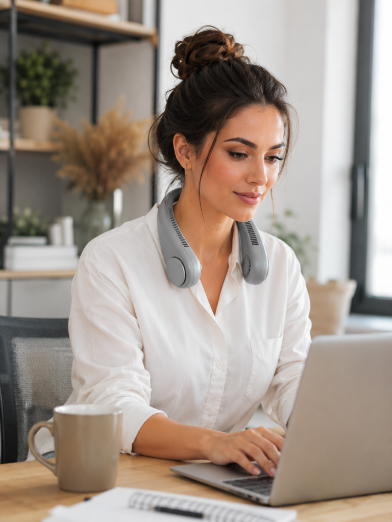 woman wearing JISULIFE neck fan while working