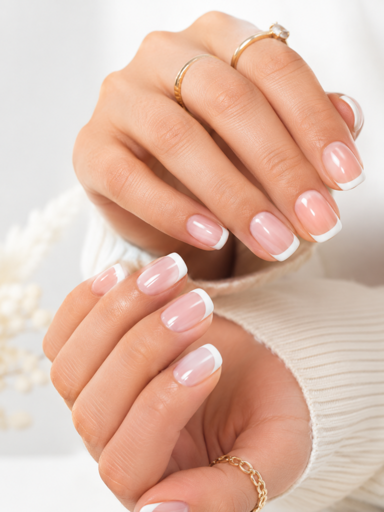 Close-up of evpct French tip press on nails