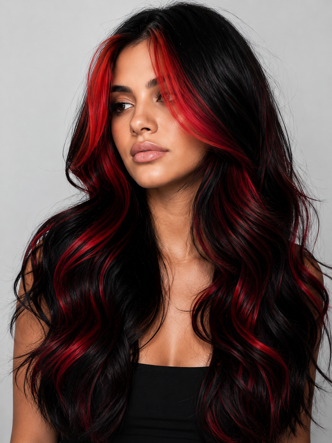 black hair with cherry red money piece highlights