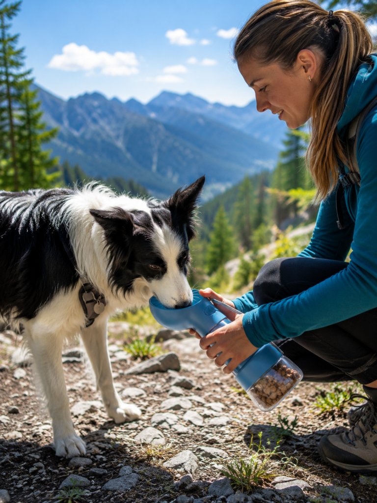 Dog using Cibaabo travel water bottle while hiking