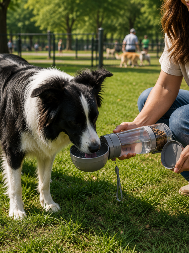 Border Collie using Aurapaws dog travel water bottle at a dog park