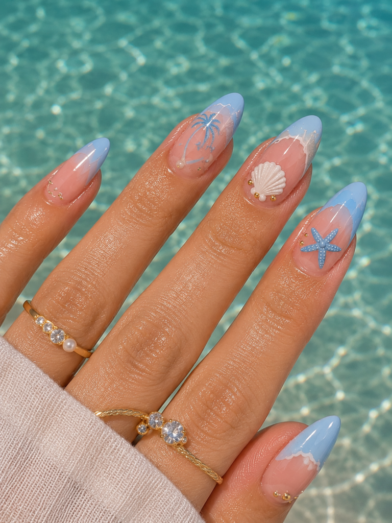 Close-up of pastel blue beach nails with seashell and palm tree nail art