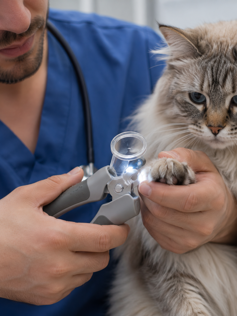Cat nail trimming with LED illuminated pet nail clipper