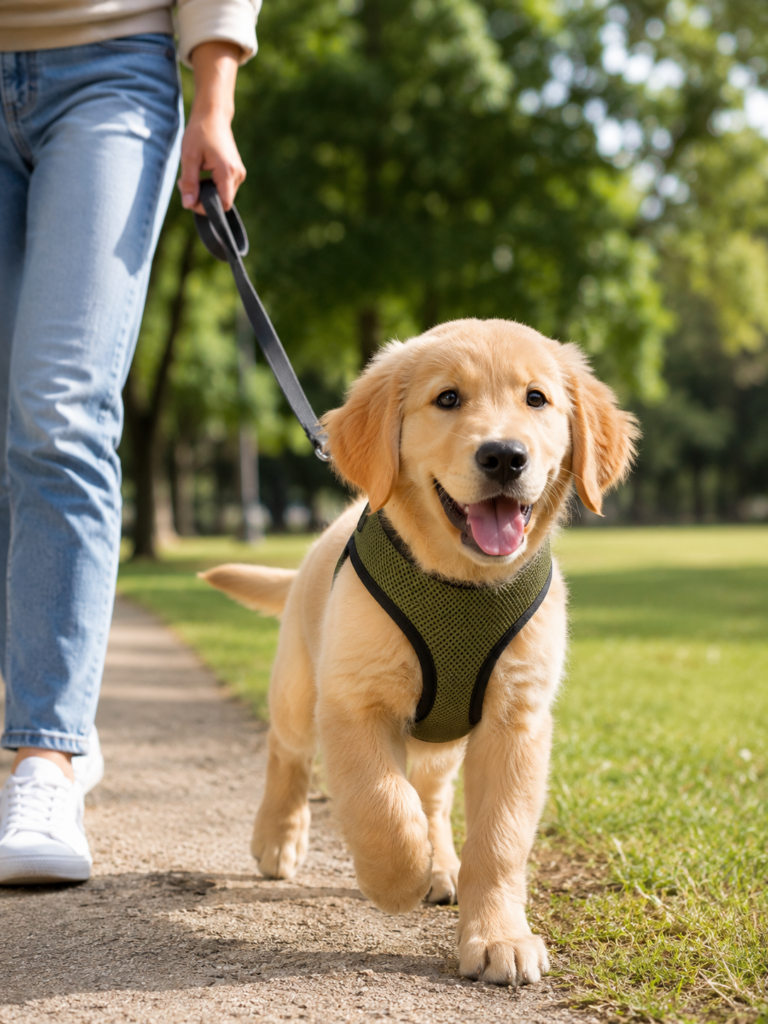 Dog wearing Voyager Step-In Air Harness during a walk