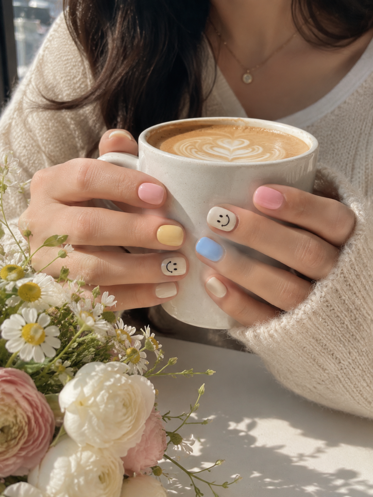 Cozy coffee aesthetic with glossy pastel Korean nails.