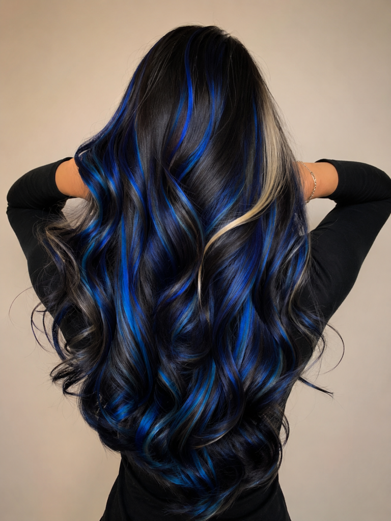 Back view of black hair with electric blue highlights