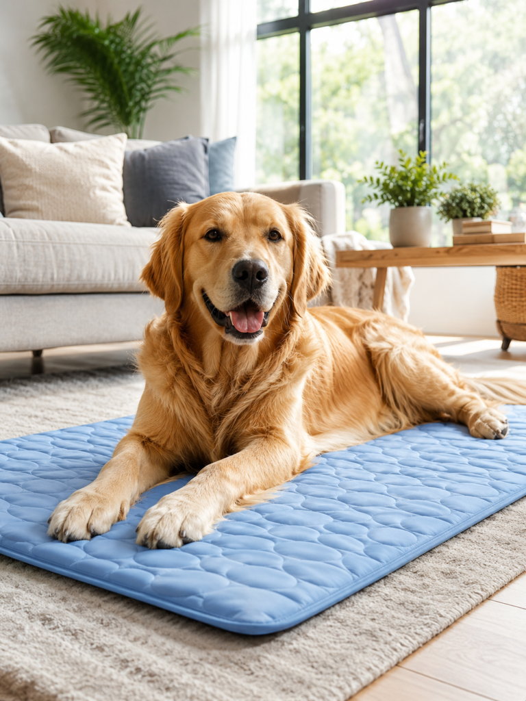 Golden Retriever relaxing on PAIGTEK cooling mat indoors