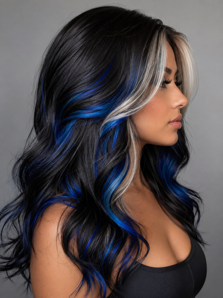 Side view of electric blue money piece hairstyle