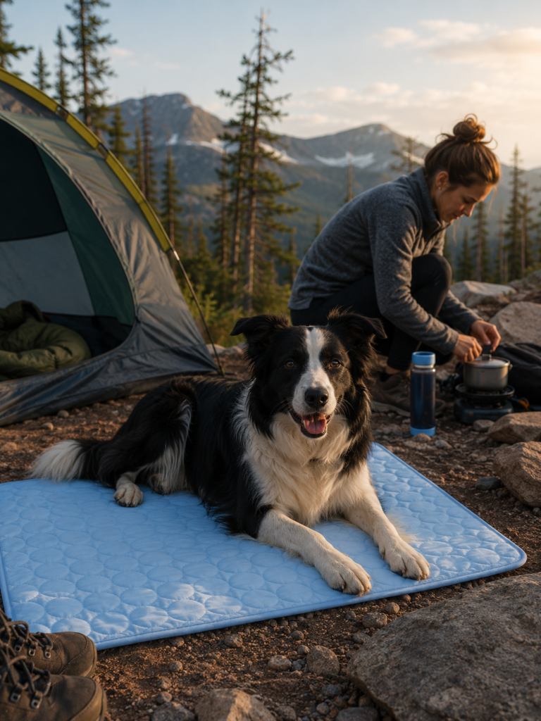Dog resting on PAIGTEK cooling mat while camping