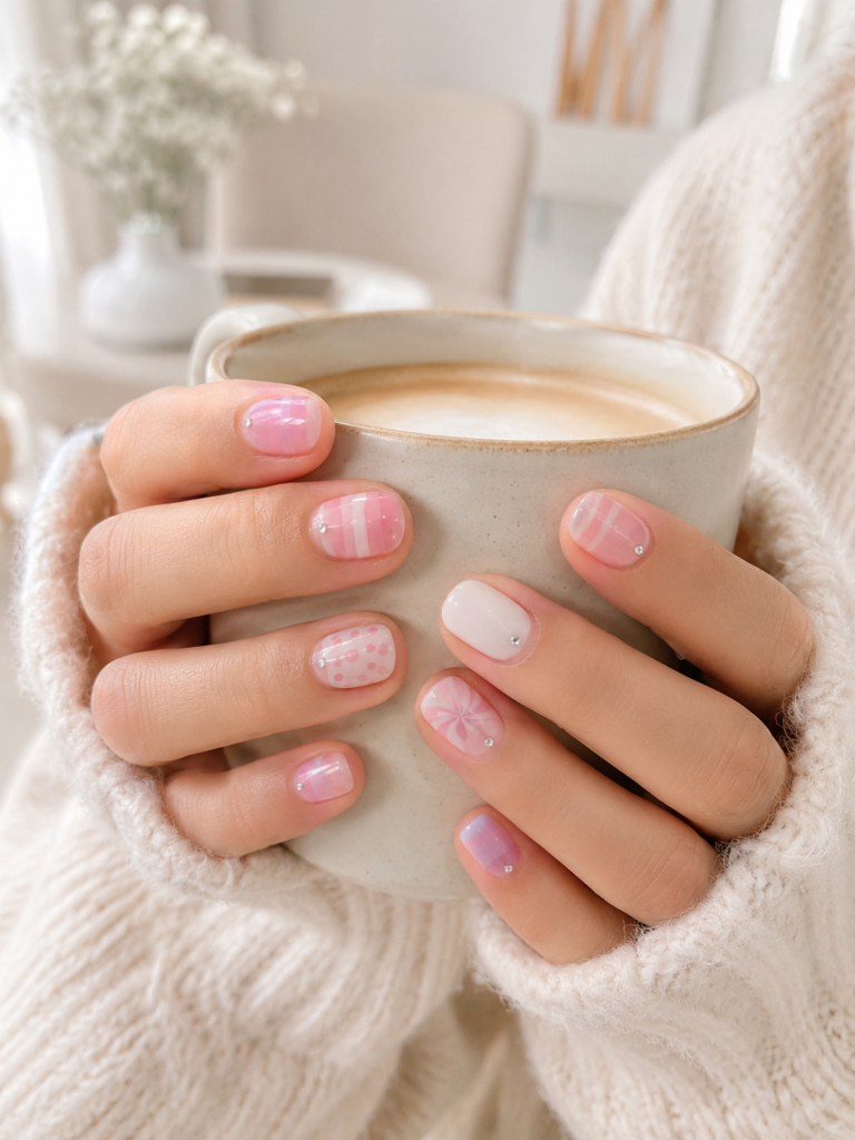 Elegant flat lay featuring Korean jelly pink manicure with minimalist beauty accessories