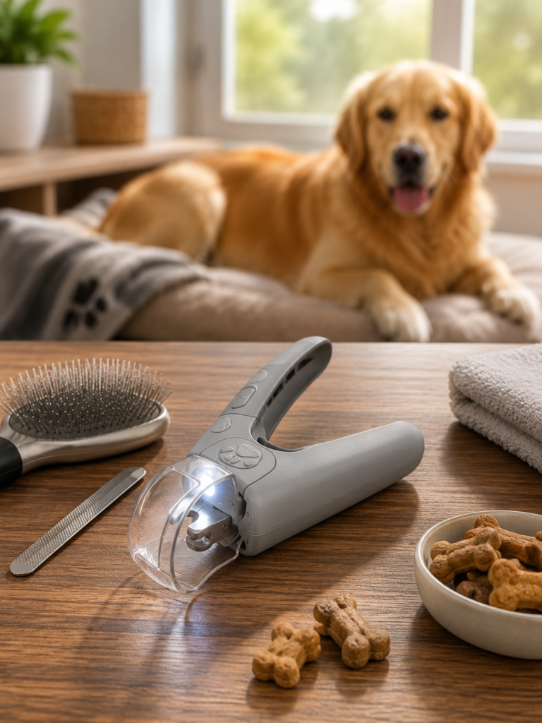 LED illuminated pet nail clipper in a home grooming setup