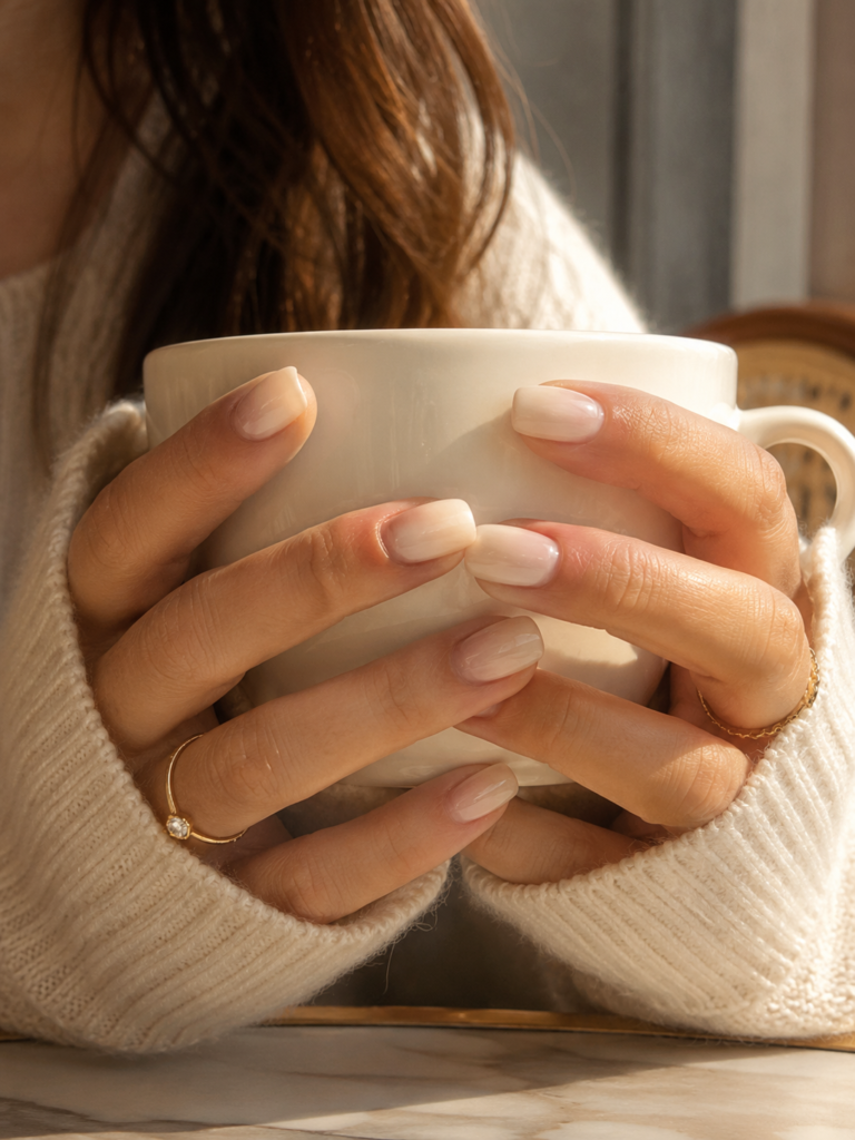 BTArtbox Vanilla Cream press on nails holding coffee mug