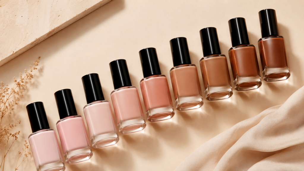 Different nude nail polish shades from soft pink to warm beige