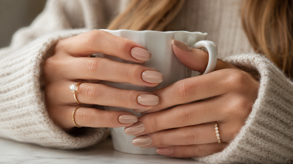 Glossy nude nails with elegant gold rings