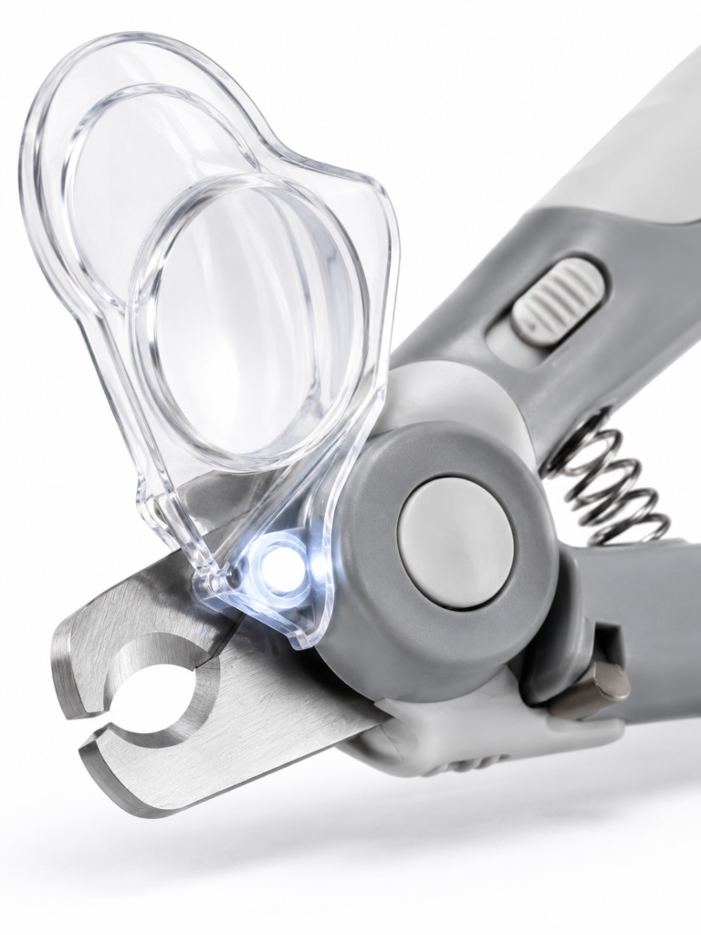 Close-up of LED pet nail clipper with magnifying lens and stainless-steel blade