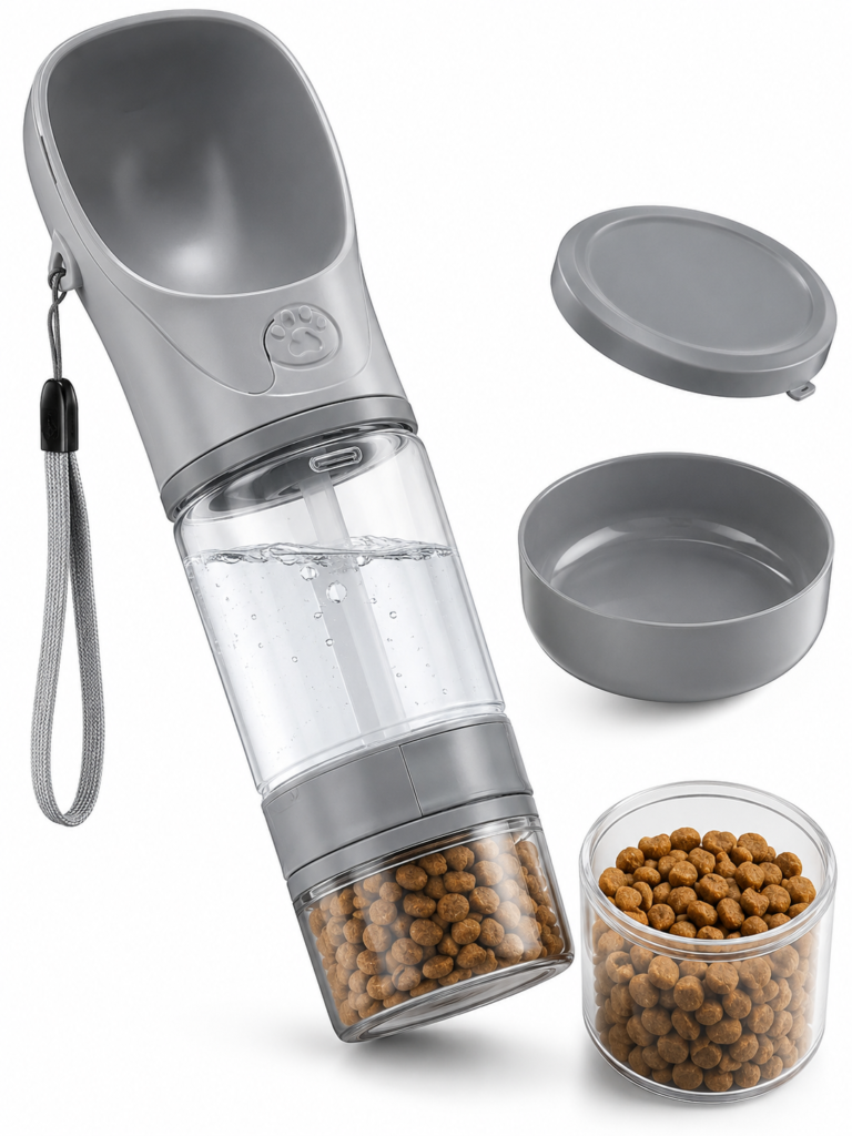 Close-up of Aurapaws portable dog water bottle with detachable bowls