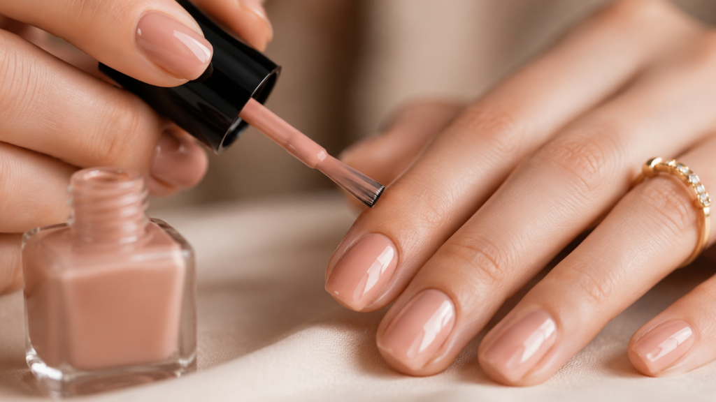 Luxury nude nail polish collection on marble vanity