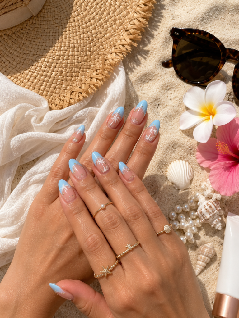 Coastal beach manicure with luxury summer accessories