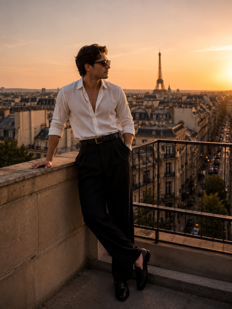 Elegant old money outfit for men on a rooftop at sunset