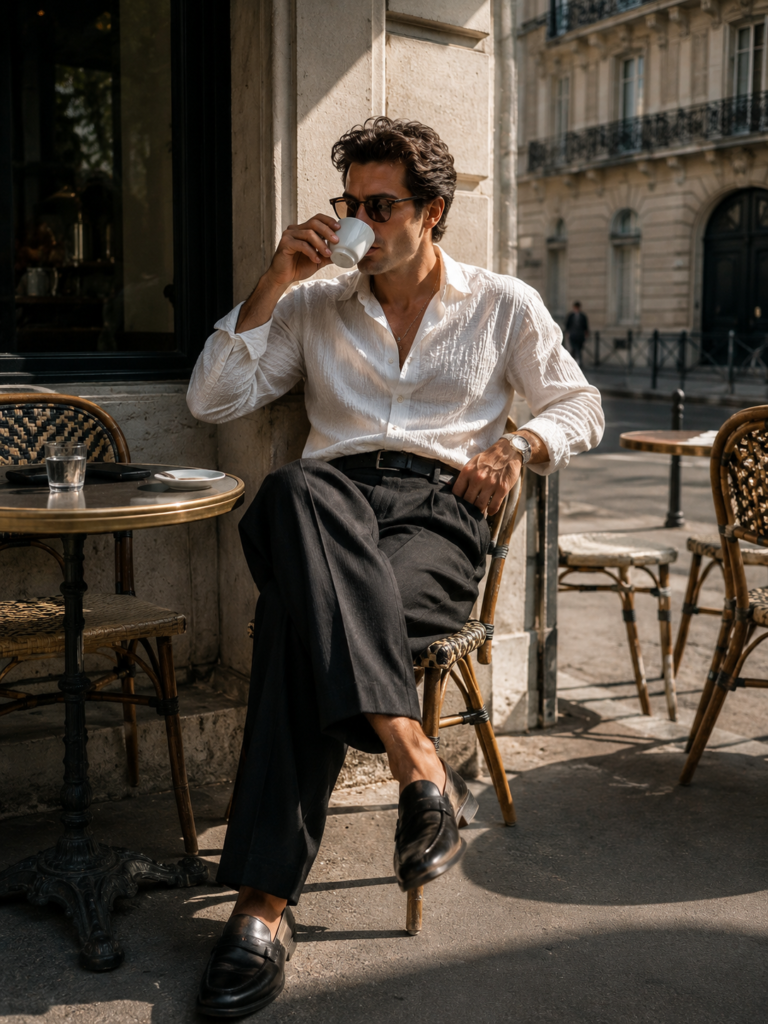 Man wearing an old money outfit at a luxury café