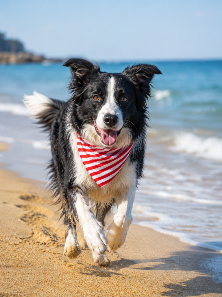Border Collie wearing Lionet Paws striped bandana at the beach