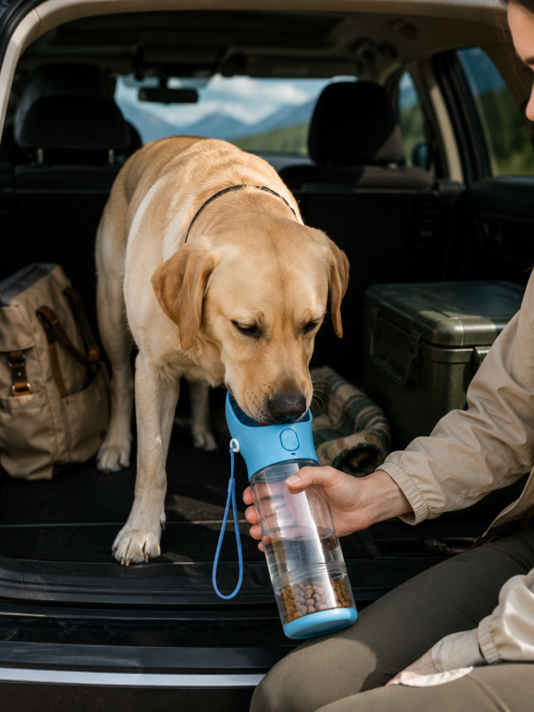 Portable dog water bottle during a road trip