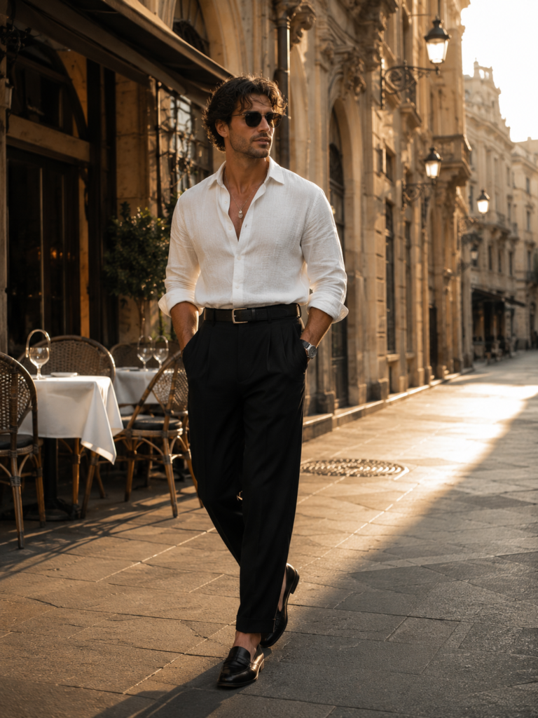 Old money menswear walking through a European street