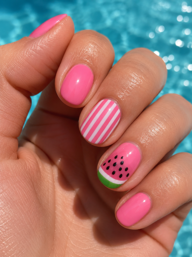 Close-up of glossy pink watermelon summer nails