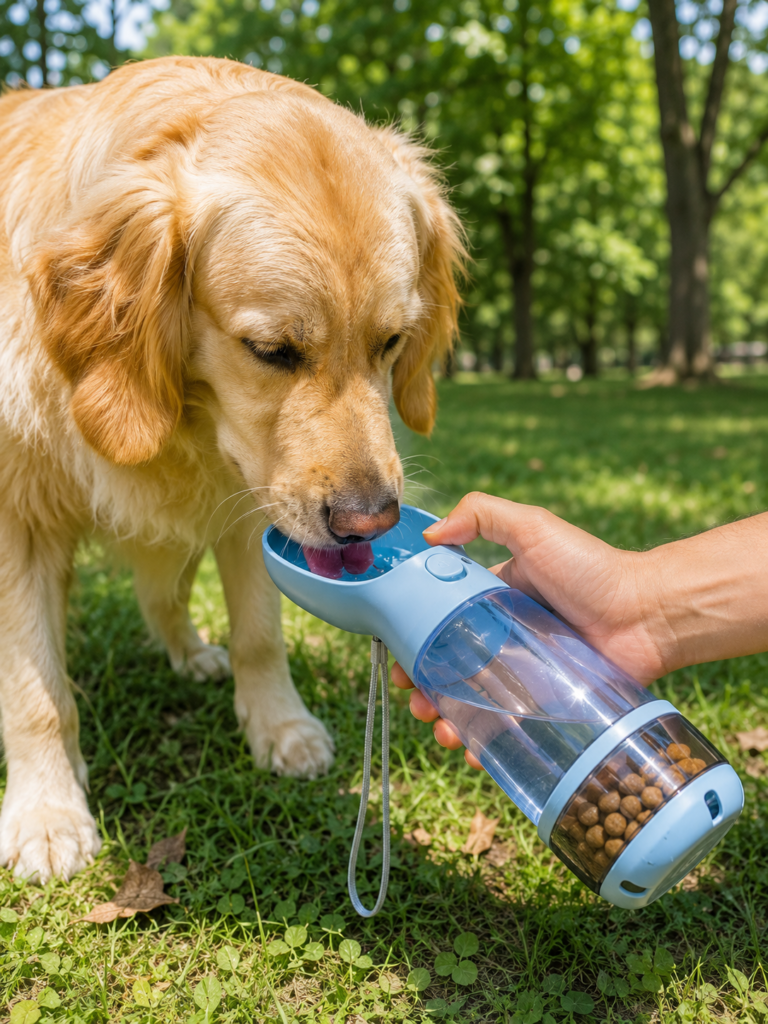 Dog drinking from Cibaabo portable water bottle in the park