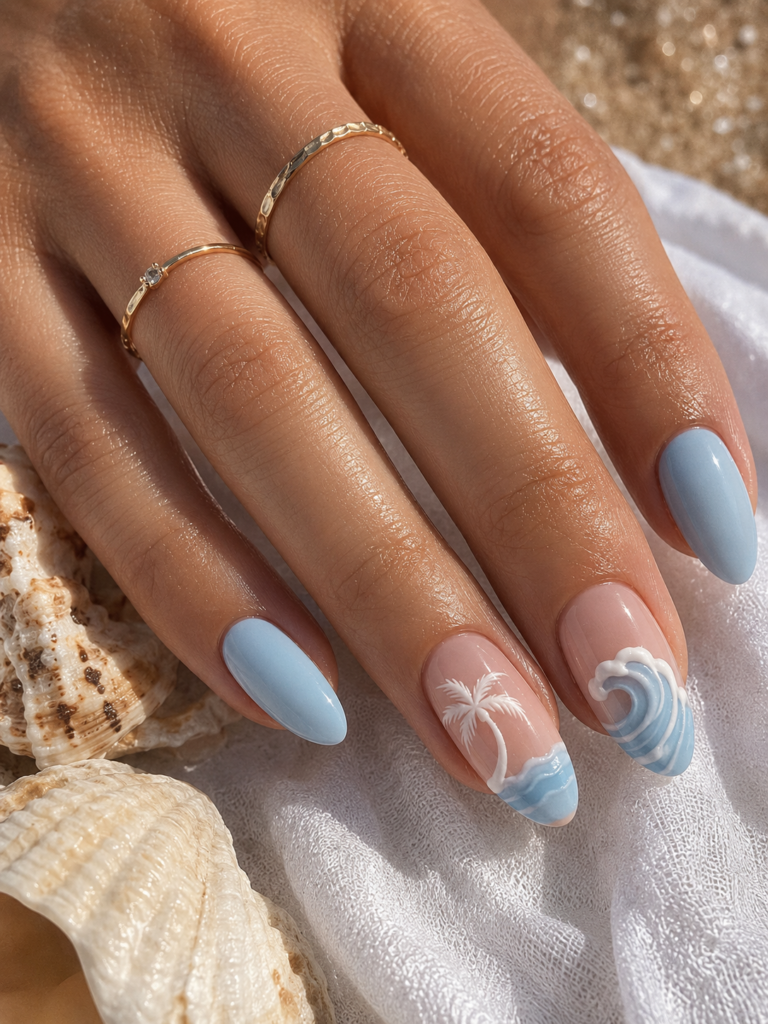 Elegant coastal manicure with palm tree nail design and glossy baby blue nails.