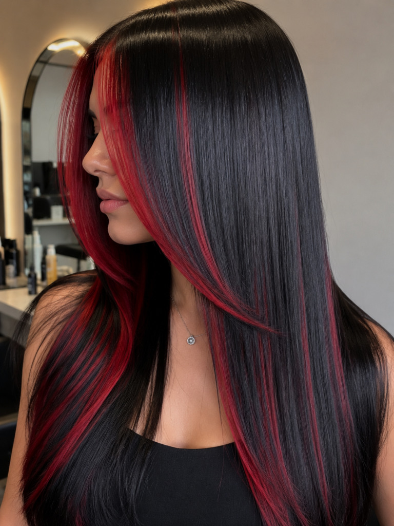 straight black hair with cherry red highlights