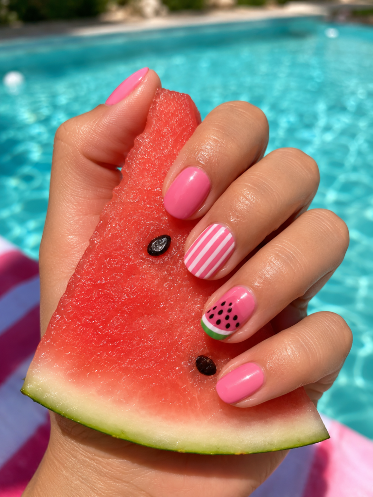 Pink watermelon nails holding a fresh watermelon slice