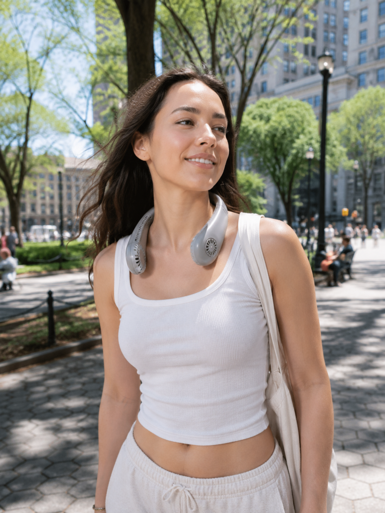 woman using JISULIFE portable neck fan outdoors