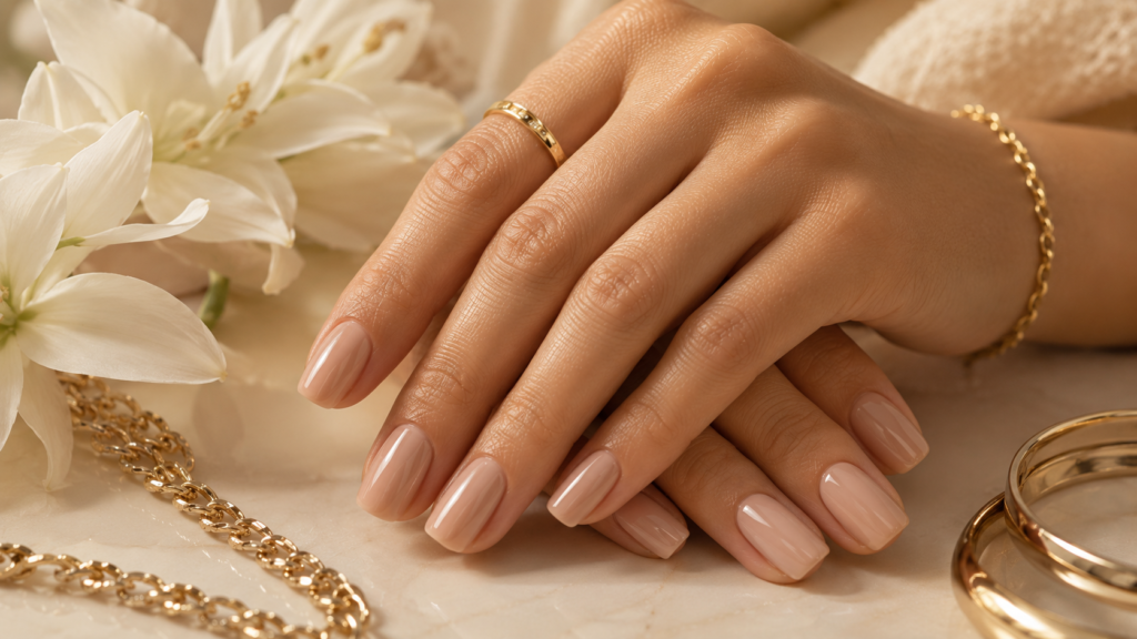 Elegant minimalist nude manicure photographed on soft cream background with white flowers and gold accessories, luxury editorial beauty style, high-end fashion magazine photography, ultra realistic, cinematic lighting, 8K, 16:9