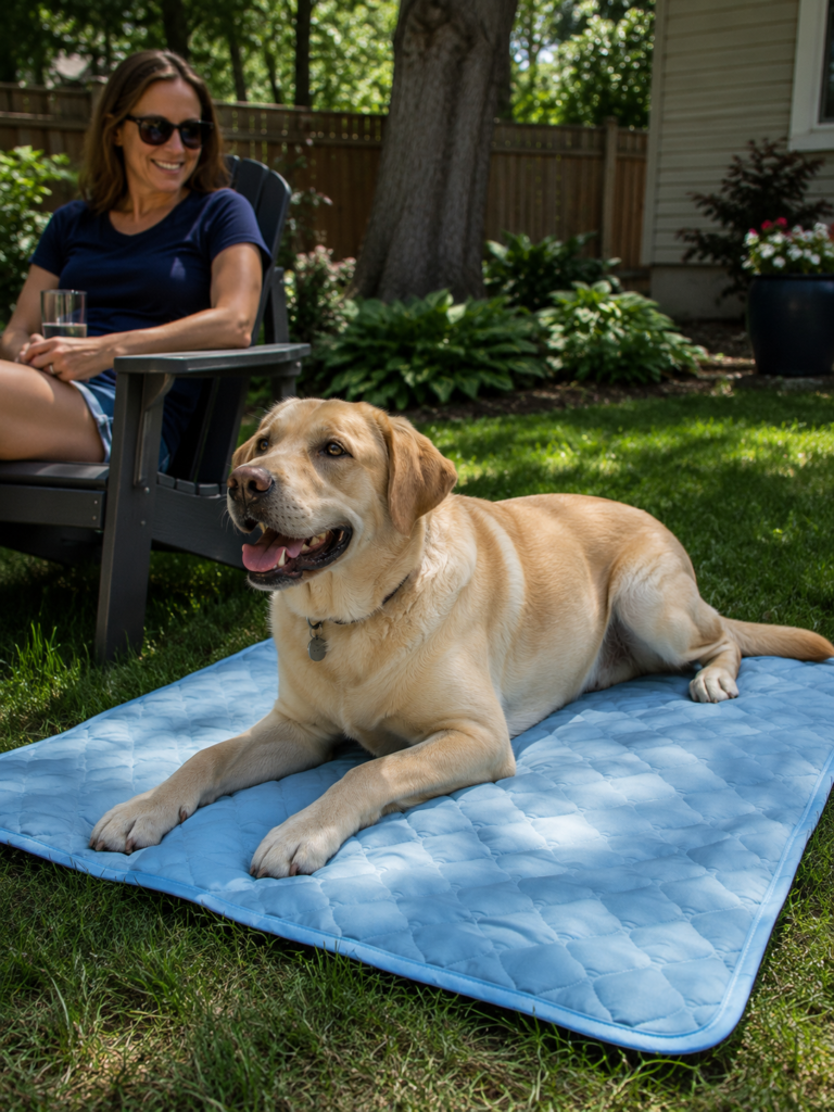 Labrador using PAIGTEK cooling mat in the backyard