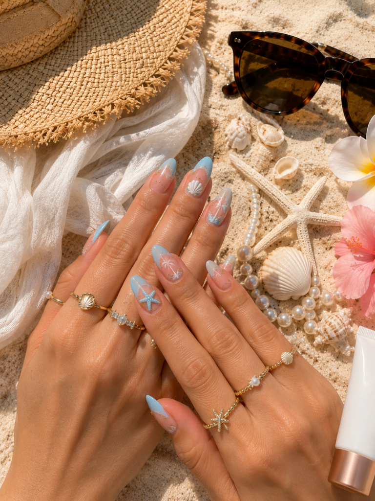 Summer beach manicure with coastal accessories and pastel blue nail art