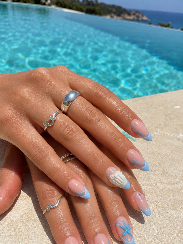 Close-up of glossy blue French tip coastal nails with starfish and seashell accents.