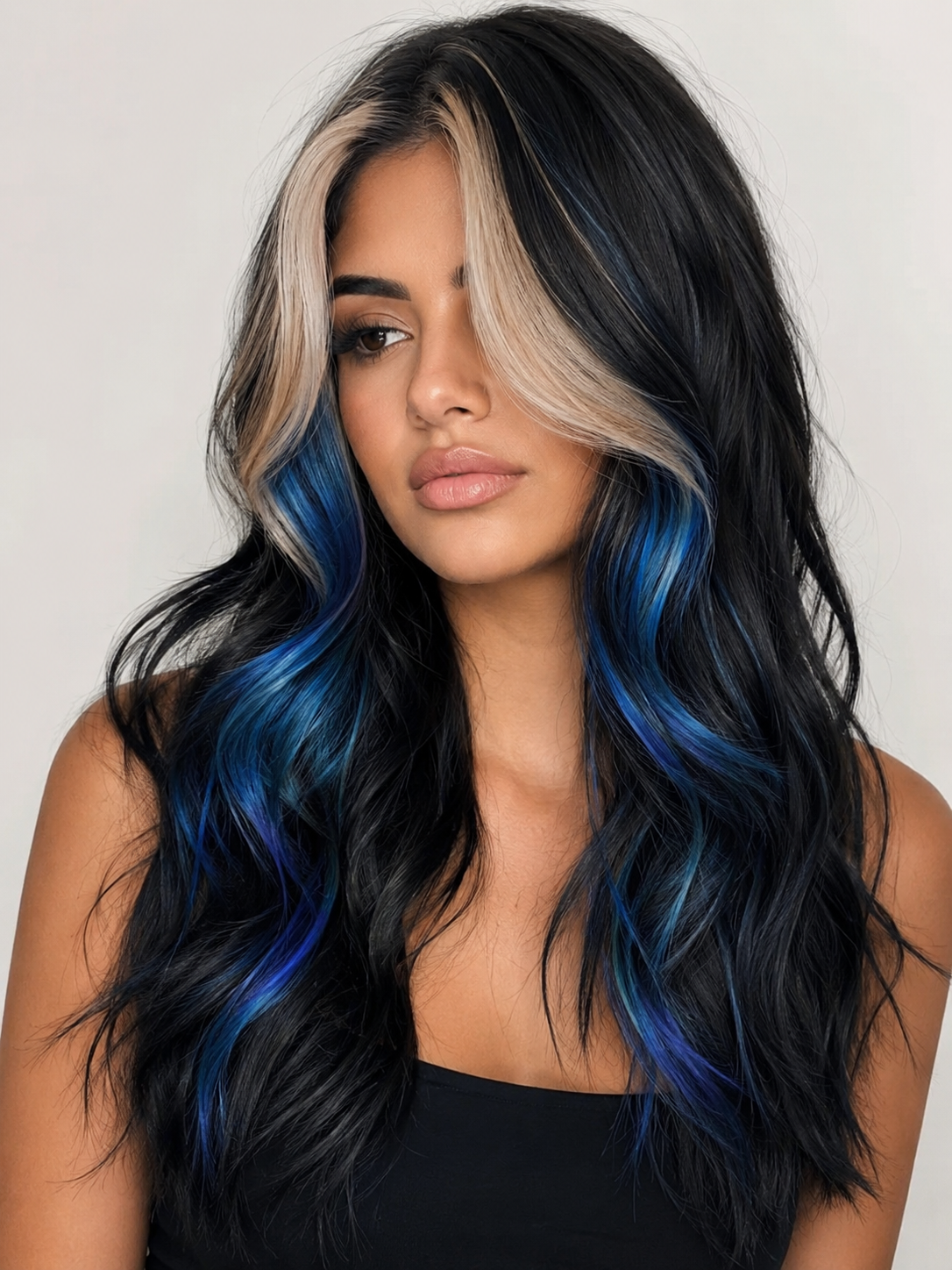 Electric blue money piece hair with black base and platinum highlights