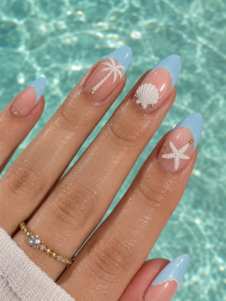 Close-up of pastel blue coastal nails with seashell and starfish art