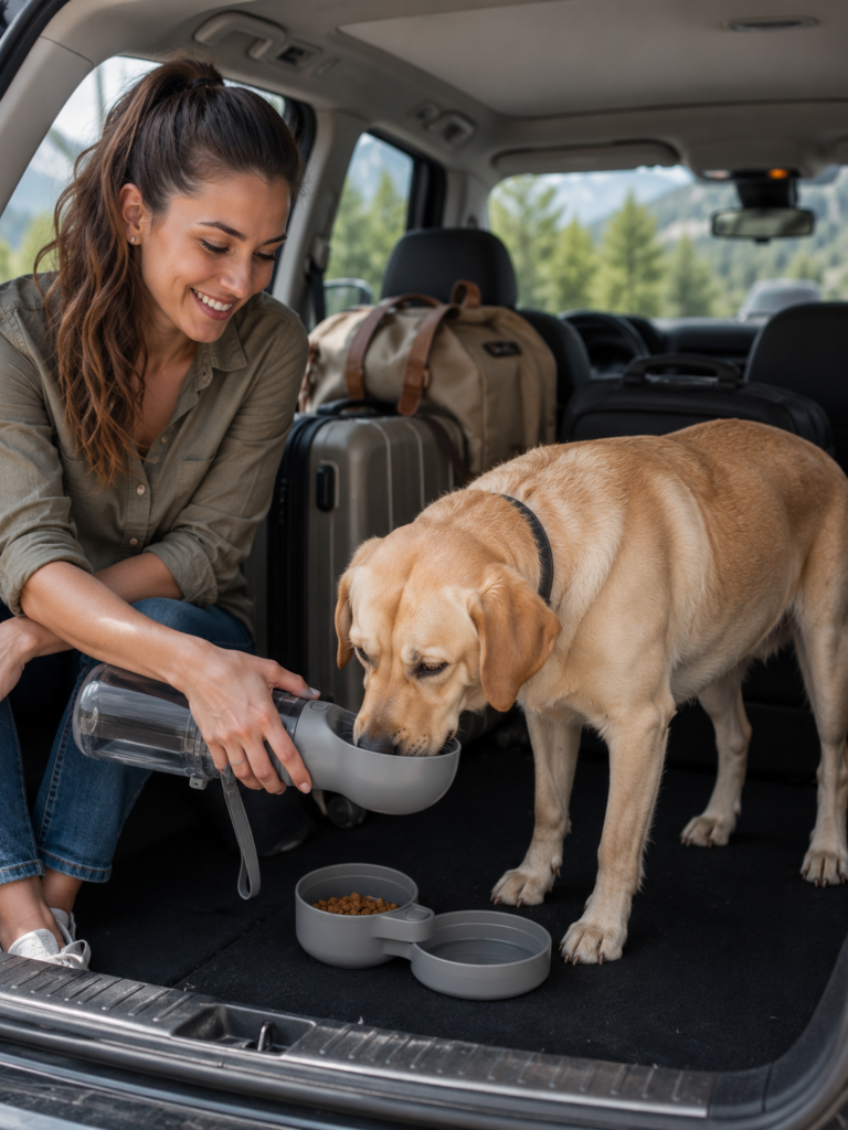 Labrador using Aurapaws portable dog water bottle during a road trip