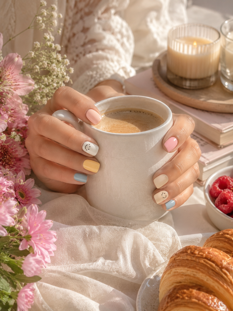 Spring pastel Korean manicure with glossy smiley face nails.