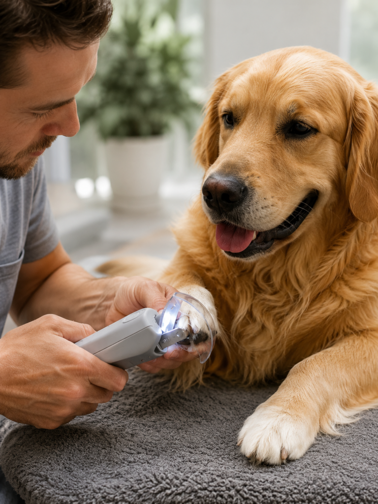 Grooming a Golden Retriever with an LED pet nail clipper